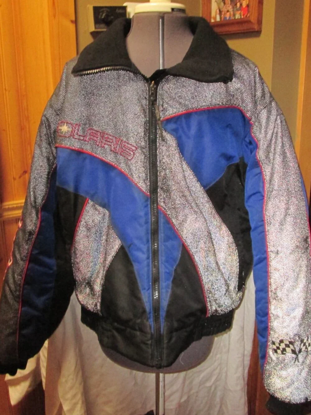 Vtg spellout colorblock Polaris snowmobile Jacket reflective front back sleeve L